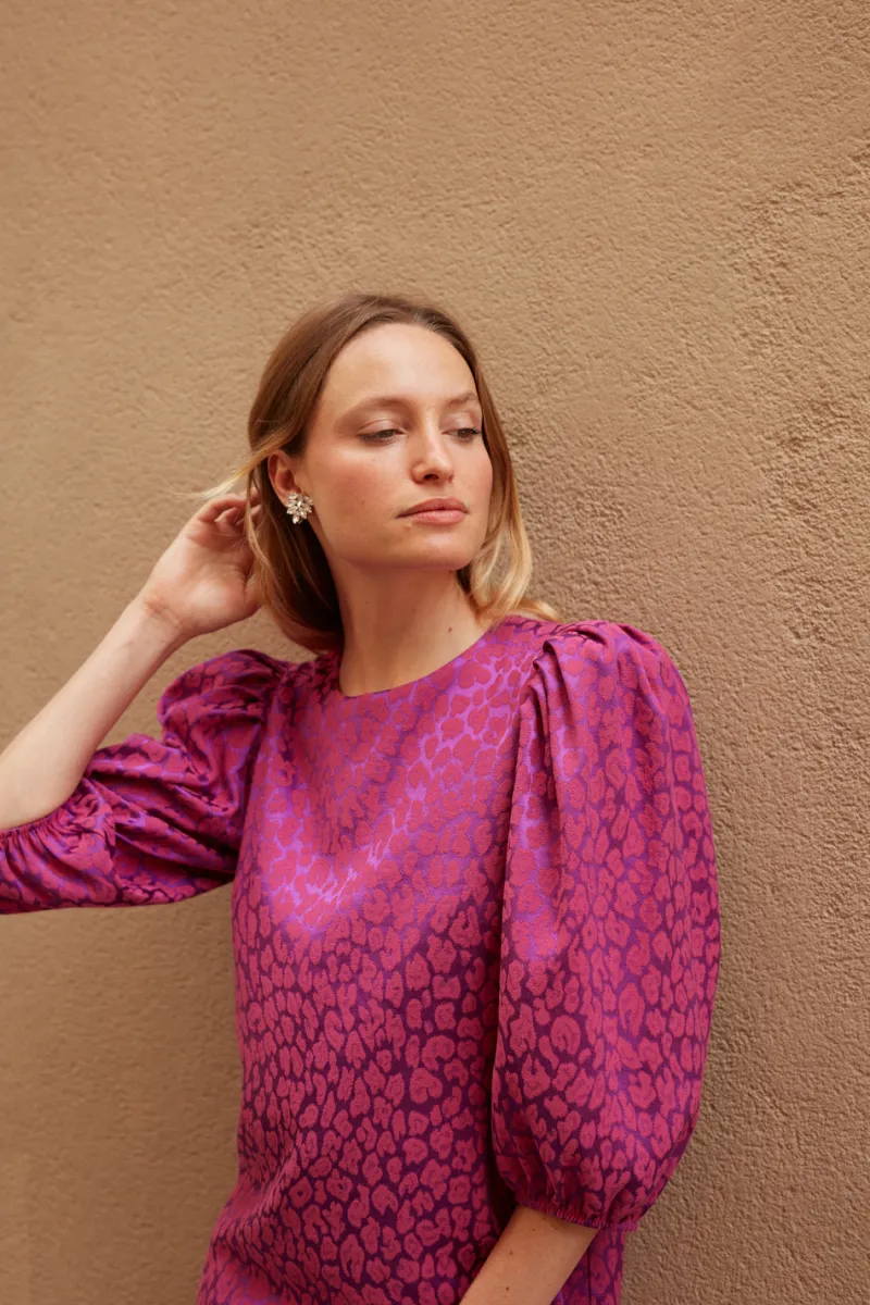 Flash Sale Maison Guillemette ROBE CHIARA LEOPARD FUCHSIA - existe dans deux longueurs
